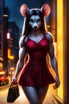 annette anthro biceps black_hair bottomwear breasts building clothing female fur green_eyes grey_body grey_fur hair hellapoc mammal mouse murid murine night no_sleeves_blouse purse red_clothing rodent skirt solo street young_adult