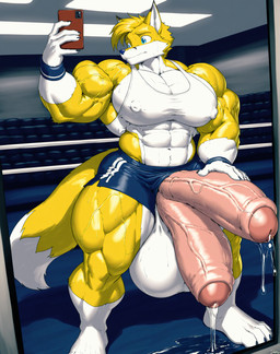 anthro balls big_balls big_muscles big_penis blue_eyes bodily_fluids bottomwear clothing excessive_genital_fluids excessive_precum foreskin genital_fluids genitals gym gym_clothing huge_balls huge_muscles huge_penis hyper hyper_balls hyper_genitalia hyper_muscles hyper_penis looking_at_object looking_at_phone male mirror_selfie multi_genitalia multi_penis muscular notimportant penis precum selfie shirt shorts solo tank_top topwear yellow_body sega sonic_the_hedgehog_(series) miles_prower canid canine fox mammal hi_res