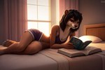 anthro baggy_clothing bed bedroom black_hair blouse bottomwear brown_eyes clothing female female_anthro furniture hair hotpants lying minishorts on_bed on_front reading round_ears shorts slim solo television topwear window hellapoc deni lutrine mammal mustelid