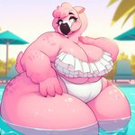 anthro avian big_butt bikini bikini_bottom bikini_top bird blackgum blue_eyes blush butt clothing eyelashes female flamingo hair huge_butt huge_thighs overweight partially_submerged pink_body pink_hair plant pool smile solo swimwear thick_thighs tree two-tone_beak umbrella wide_hips