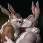 4_fingers anthro bedroom_eyes big_chungus black_background brown_body brown_fur buckteeth cartuniverse duo embrace fingers french_kissing fur grey_body grey_fur kissing lagomorph leporid male male/male mammal meme narrowed_eyes rabbit seductive simple_background slightly_chubby teeth tongue what_has_science_done