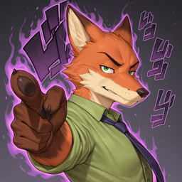 anthro clothing gesture green_clothing green_eyes jojo_pose looking_at_viewer male multicolored_body necktie orange_body paws pointing shirt smile solo text topwear puffy_peter disney zootopia nick_wilde canid canine fox mammal hi_res japanese_text