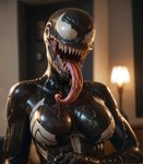 anthro black_body black_skin bodily_fluids breasts curvy_figure dripping female long_tongue looking_at_viewer markings marvel open_mouth prompt saliva saliva_drip saliva_on_tongue saliva_string sharp_teeth smile smiling_at_viewer solo teeth tongue tongue_out voluptuous voluptuous_female white_eyes wide_hips purrfectlyai she-venom venom_(marvel) alien humanoid monster symbiote absurd_res hi_res