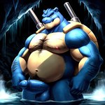 anthro balls belly blastoise body_hair cave generation_1_pokemon genitals hi_res male nipples pecs penis pokemon pokemon_(species) pup_tobey reptile scalie solo turtle vein veiny_penis water waterfall