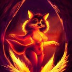 1:1 anthro ausfer black_nose breasts cave featureless_breasts featureless_crotch female fire fluffy fluffy_tail fur glowing glowing_body glowing_fur looking_at_viewer mammal navel nipples pose procyonid raccoon short_stack solo tuft whiskers wide_hips yellow_eyes