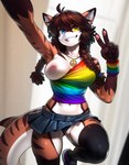 anthro bottomwear bracelet breasts brown_body chain clothing collar female genitals hair heterochromia jewelry maila miniskirt multicolored_clothing multicolored_shirt multicolored_t-shirt multicolored_topwear nipples panties pigtails pussy shirt skirt smile solo stripes t-shirt topwear underwear world dvinzet hi_res
