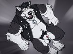 4_toes 5_fingers animal_genitalia animal_penis anthro ball_tuft balls barefoot beard belly biceps black_body black_fur black_hair blue_eyes body_hair bottomless canine_genitalia canine_penis claws clothed clothing dog_tags elbow_tuft facial_hair feet fingers fur furgonomics furry-specific_piercing genital_piercing genitals hair happy_trail high-angle_view leaning leaning_back lipsticking looking_at_viewer male manly mostly_nude multicolored_body multicolored_fur musclegut muscular muscular_anthro muscular_male navel open_clothing open_mouth open_topwear open_vest penis penis_tip piercing plantigrade pubes sheath sheath_piercing simple_background sitting slightly_chubby smile solo teeth toe_claws toes topwear tuft two_tone_body two_tone_fur vest white_body white_fur yellow_sclera fox1400 canid canine canis domestic_dog husky mammal nordic_sled_dog spitz absurd_res hi_res portrait