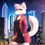 anthro arctic_fox canid canine cheek_tuft chest_tuft city clothing cyberpunk facial_tuft female fox fur hair holding_object inner_ear_fluff mammal oberic pink_eyes red_clothing smile solo tuft