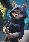 anthro asian_clothing clothing east_asian_clothing female fur grey_body grey_fur hood japanese_clothing kimono looking_at_viewer night outside smile solo weapon leyendas_arts zhen_(kung_fu_panda) canid canine fox mammal hi_res