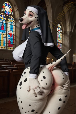 anthro anus big_breasts big_butt breasts bubble_butt butt church curvaceous curvy_figure female genitals huge_butt nun_habit pussy solo spread_butt spreading teasing tongue tongue_out voluptuous vlrgromns 101_dalmatians perdita canid canine canis dalmatian domestic_dog mammal animated webm