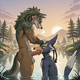 anthro balls beak beak_fetish beak_play beak_sex braided_hair duo fellatio genitals hair male male/male nude nude_male oral penile penis penis_in_mouth pond sex standing water flanwithaplan_(director) nintendo the_legend_of_zelda the_legend_of_zelda:_breath_of_the_wild the_legend_of_zelda_twilight_princess link link_(wolf_form) revali avian canid mammal rito