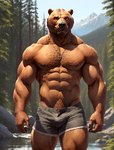 abs absurd_res anthro bottomwear bulge bumblebee95 clothing detailed detailed_background detailed_fur hi_res looking_away male mammal muscular pecs pubes realistic shorts solo standing ursid vein