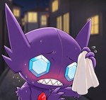 blush bodily_fluids building cloth detailed_background gem nervous night purple_body solo sweat sweaty_body teeth anonymous_director nintendo pokemon generation_3_pokemon humanoid pokemon_(species) sableye