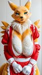 anthro big_breasts blue_eyes bra breasts cleavage clothed clothing costume curvy_figure female fur fursuit gloves handwear maid_uniform realistic realistic_fur red_clothing solo underwear uniform yellow_body yellow_fur digimon canid canine digimon_(species) fox mammal renamon hi_res