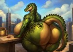 anthro big_butt breasts butt countershading female green_body green_scales huge_butt huge_thighs hyper hyper_butt looking_at_viewer non-mammal_breasts nude scales solo thick_thighs yellow_body yellow_countershading crocodile crocodilian crocodylid reptile scalie hi_res