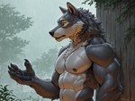 abs anthro fur grey_body grey_fur male muscular muscular_anthro muscular_male nipples pecs plant raining solo tree wet yellow_eyes maximemet canid canine canis mammal wolf hi_res