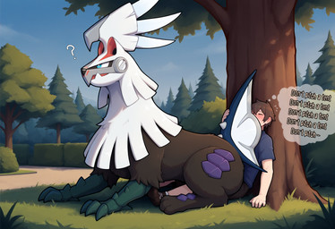 3_toes against_natural_surface against_surface against_tree ambiguous_gender big_butt biped black_body black_fur blue_clothing blue_eyes blush bodily_fluids brown_genitals brown_hair butt claws clothed clothing confusion day detailed_background dialogue duo eyes_closed feathers feet feral fur genital_fluids grass hair larger_feral larger_male light_body light_skin lying male male/ambiguous male_feral male_human nature nature_background nervous_sweat nude oblivious on_back on_lap on_top open_mouth oral outside park paws plant precum quadruped question_mark shirt side_view sitting sitting_on_another sitting_on_lap size_difference sky smaller_human smaller_male sweat sweatdrop tail text thinking thought_bubble toes topwear tree white_body white_feathers white_fur tempting_(director) nintendo pokemon generation_7_pokemon human legendary_pokemon mammal pokemon_(species) silvally hi_res