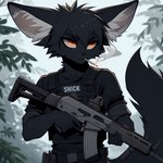 anthro black_body black_fur cigarette clothing fur gun holding_object holding_weapon inner_ear_fluff male orange_eyes outdoors outside plant ranged_weapon rifle smoke smoking solo tree tuft weapon lucifluffy kalenek_(lucifluffy) canid canine fox mammal