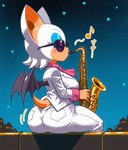 breasts butt clothing eyeshadow eyewear makeup musical_instrument night sitting suit sunglasses tan_body tan_skin wings unknown_director sonic_the_hedgehog_(series) rouge_the_bat chiropteran mammal absurd_res hi_res