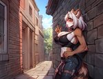 alley anthro blush breasts clothed clothing female gesture partially_clothed side_boob side_view solo v_sign kyxsoon mammal procyonid raccoon absurd_res hi_res