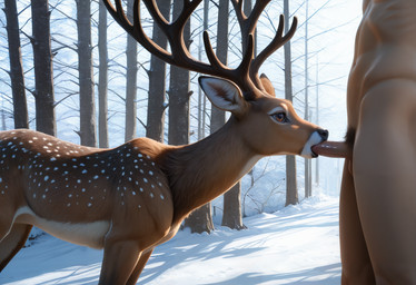 all_fours antlers deep_throat duo faceless_character faceless_male fellatio female feral forced from_side horn male male/female natural_lighting oral penile photorealism realistic sex winter 11211te cervid human mammal detailed hi_res