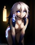 <3 <3_eyes ambient_light anthro atmospheric_perspective bedroom_eyes blue_eyes breasts chest_tuft dark_lighting director_name ear_markings facial_markings featureless_breasts female front_view fur hair head_markings leaning leaning_forward long_ears long_hair looking_at_viewer markings narrowed_eyes nude seductive smile solo tuft white_body white_fur white_hair kumdevince kindred_(league_of_legends) lamb_(league_of_legends) bovid caprine mammal hi_res