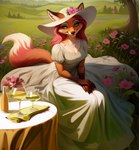 anthro beverage clothing container cup detailed_background dress drinking_glass female flower freckles furniture glass glass_container glass_cup grass green_eyes hair hat headgear headwear outside plant red_hair shadow sitting smile solo table tree wine_glass sappy_(director) canid canine fox mammal hi_res shaded