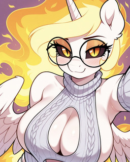 anthro big_breasts black_sclera breasts eyelashes eyewear feathers female fire flaming_hair glasses horn orange_eyes pseudo_hair pupils round_glasses selfie simple_background slit_pupils solo virgin_destroyer_sweater white_body white_feathers wings ver_(director) friendship_is_magic my_little_pony daybreaker_(mlp) princess_celestia_(mlp) equid equine mammal winged_unicorn