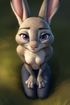 anthro babeyax715 breasts clothed clothing detailed detailed_fur ears_up erect_nipples female grass hand_on_leg hand_on_thigh hi_res high-angle_view judy_hopps kneeling kneeling_on_ground kneeling_position lagomorph leporid mammal nipples plant purple_eyes rabbit smile smiling_at_viewer solo topless topless_female