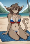 anthro beach bikini breasts brown_body brown_fur brown_hair chest_tuft cleavage clothed clothing detailed_background female flag_bikini flag_print fur green_eyes hair looking_at_viewer midriff navel outside russian_flag_bikini sand seaside side-tie_bikini smile solo swimwear towel tuft water anontk twokinds basitin felid feline mammal hi_res