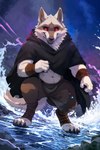 anthro black_nose body_hair canid canine canis chest_tuft claws death_(puss_in_boots) happy_trail hi_res idenoh looking_at_viewer male mammal navel open_mouth red_eyes solo tuft water white_body wolf