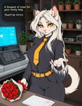 anthro black_bottomwear black_clothing black_pants black_shirt black_topwear bottomwear bouquet clothing female flower_pot necktie pants pupils shelf shirt slit_pupils smile solo tie_clip topwear white_body yellow_eyes djar17 domestic_cat felid feline felis mammal absurd_res hi_res