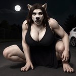 anthro black_clothing black_dress black_lips black_nose canid canine clothing crouching dress fangs female full_moon fur girlswithsnouts hi_res lips mammal moon night solo were werecanid werecanine werewolf