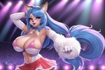 anthro big_breasts blue_eyes blue_hair bottomwear breast_squish breasts cleavage clothed clothing concert crowd felid feline female fluffy genny group hair huge_breasts long_hair looking_at_viewer mammal skirt solo_focus squish stage tattoo