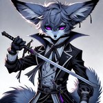 anthro blue_body blue_fur clothing fur janek male purple_eyes solo weapon lucifluffy canid canine fennec fox mammal