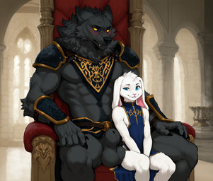 abs animal_genitalia anthro armor balls between_legs big_balls big_sheath biped black_balls black_body black_fur blue_eyes blush body_hair bottomwear chair claws clothed clothing dress duo embarrassed fully_sheathed fur furniture genitals happy_trail inside larger_male loincloth looking_at_viewer looking_away male male/male muscular muscular_anthro muscular_male no_underwear pecs public public_exposure sheath shy sitting size_difference smaller_anthro smaller_male smile smirk tabard teeth throne tuft whiskers white_balls white_body white_fur yellow_eyes anotheranon canid canine canis lagomorph leporid mammal rabbit werecreature wolf hi_res