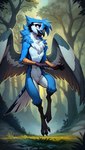 ambiguous_gender anthro avian beak belly bird blue_body blue_eyes blue_feathers blue_jay breasts claws corvid excited feathered_wings feathers featureless_breasts featureless_chest featureless_crotch female flat_chested forest forest_background happy hi_res jay_(bird) midair nature nature_background neck_tuft new_world_jay oldhroft open_beak open_mouth oscine passerine plant prompt_metainfo scuted_arms scuted_legs scutes slim smile solo tail_feathers tree tuft white_belly wings