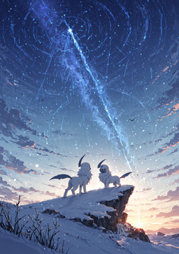 ambiguous_gender black_body black_skin cloud duo feral fur horn sky sky_background snow_on_ground sun sunset tail white_body white_fur pakow nintendo pokemon absol generation_3_pokemon pokemon_(species) hi_res