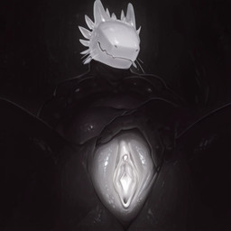 anthro black_body dark_background dim_lighting eyeless female genitals glowing glowing_genitalia glowing_head glowing_pussy presenting presenting_pussy pussy scales sitting solo spread_legs spread_pussy spreading tail whiskers artificer_(director) rain_world videocult black_lizard_(rain_world) lizard_(rain_world)