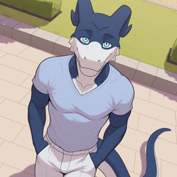 anthro blue_body blue_eyes bottomwear clothing grass looking_at_viewer male multicolored_body pants plant shirt shrub smile solo tail topwear two_tone_body white_body furkamidood_(director) digimon roommates_(spelunker_sal) giancarlo_rosato digimon_(species) flamedramon hi_res