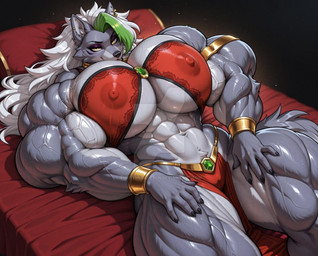 abs anthro armlet bed biceps big_breasts big_muscles bottomwear breasts ceremonial_atmosphere clothed clothing cuff_(restraint) dominant dominant_female dramatic_lighting female fmg fur furniture furrymusclescn gem_accessory green_hair_streak grey_body grey_fur hair huge_breasts huge_muscles hyper hyper_muscles indoor_setting jewelry leotard lingerie loincloth long_hair looking_at_viewer muscle_goddess muscular muscular_anthro muscular_female nipple_outline nipples private_setting red_bed restraints semi_nude skimpy solo suggestive suggestive_setting tight_clothing warm_lighting white_body white_fur wrist_cuffs yellow_eyes five_nights_at_freddy's five_nights_at_freddy's:_security_breach steel_wool_studios roxanne_wolf_(fnaf) canid canine canis mammal wolf watermark