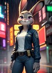 anthro badge belt breasts city city_background clothed clothing ears_up female jacket looking_at_viewer open_clothing open_jacket open_topwear police_uniform raining smile solo standing topwear uniform zootopia norwegianpower judy_hopps lagomorph leporid mammal rabbit