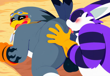 anthro anus anus_lick balls blush clothing duo eyes_closed fur genitals gloves grey_body grey_fur handwear male male/male open_mouth purple_body purple_fur tail anonymous_director sega sonic_the_hedgehog_(series) big_the_cat storm_the_albatross albatross avian bird domestic_cat felid feline felis mammal procellariiform hi_res