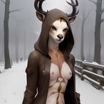 anthro antlers black_horn black_nose breasts brown_body brown_eyes brown_fur cervid clothed clothing female fence fur hi_res horn jacket knottystag mammal multicolored_body multicolored_fur nipples outside pink_nipples snow solo standing topwear white_body white_fur