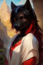 ambiguous_gender anthro black_ears black_hair black_nose blind_eye castle clothing eye_scar facial_scar grey_eyes hair mountains red_eyes red_hair river scar shirt sky solo solo_focus topwear white_clothing white_shirt white_topwear wind bahufaru xanthos canid canine canis mammal wolf animated portrait sound webm