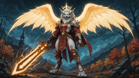 3_toes anthro armor autumn blizzard_entertainment cheek_tuft cloak clothing dark_fantasy digitigrade dim_lighting facial_tuft fangs fantasy feet female fur glowing glowing_eyes glowing_wings gold_trim great_sword neck_tuft overcast plate_armor sky solo tabard teeth toes tuft white_body white_fur wings yellow_eyes slingsting warcraft canid mammal werecanid werecreature worgen hi_res