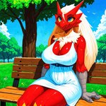 anthro beak belt bench big_breasts blue_eyes breasts chest_tuft cleavage clothed clothing cloud cloudscape dress eyebrows female grass hair happy leaf looking_up non-mammal_breasts park plant red_body sitting_on_bench skinny sky smile solo straps sundress tree tuft white_clothing wood yellow_sclera swiffer nintendo pokemon avian bird blaziken generation_3_pokemon pokemon_(species) hi_res