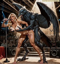 anthro anthro_penetrating anthro_penetrating_female anthro_penetrating_human audience beak black_body black_feathers black_scales blonde_hair bodily_fluids breasts claws colored_nails concert cum duo erect_nipples feathers female female_on_anthro female_penetrated from_behind_position genital_fluids group hair human_on_anthro human_penetrated interspecies male male/female male_on_human male_penetrating male_penetrating_female male_penetrating_human microphone nails nightclub nipples obscured_penetration penetration pink_nails scales sex singing stage suntan tail_feathers talons tan_body tan_line tan_skin text_box thrusting wings vermilion888 avian bird corvid corvus_(genus) human mammal oscine passerine raven absurd_res hi_res