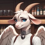 anthro bell bell_collar blue_eyes bottle bovid_horn caprine_horn clothing collar feathered_wings feathers female fur goat_horn head_tuft horn looking_at_viewer mug shirt smile solo tavern topwear tuft tunic white_body wings boreal_dancer andria angel bovid caprine goat mammal headshot_portrait hi_res portrait