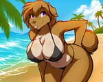 anthro beach big_breasts bikini breasts brown_body brown_fur clothed clothing crossgender curled_tail curvy_figure female fur hand_on_butt leaning leaning_forward medium_hair mtf_crossgender multicolored_body navel nipple_outline outside purple_eyes sea seaside slightly_chubby solo solo_focus swimwear teasing thick_thighs tongue tongue_out two_tone_body voluptuous water wide_hips banal_fissure twokinds evals canid canine canis domestic_dog keidran mammal